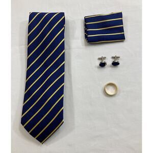 DiBangu Silk Tie Set Men's Blue w/Yellow Stripes Cufflinks Ring Pocket Square